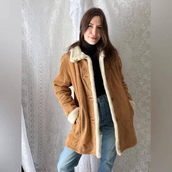 Vintage 90s Faux Shearling Gallery Caramel Winter Coat Warm Lined Medium - Picture 3 of 12